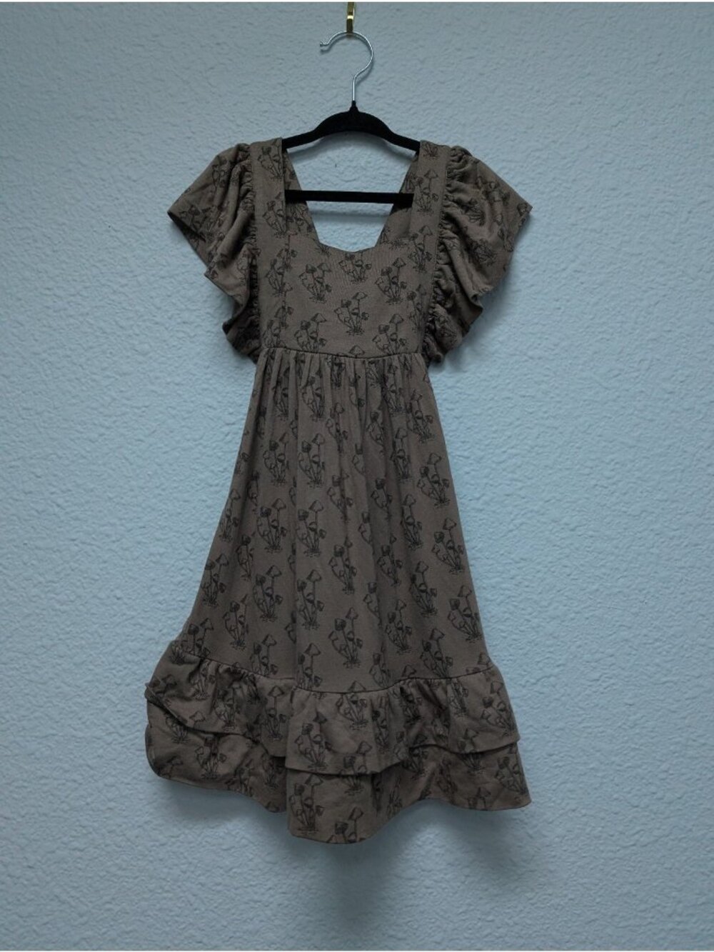 Kate Quinn Bamboo Brown Mushroom Forest Print Ruffle Strap Pinafore Dress 3T
